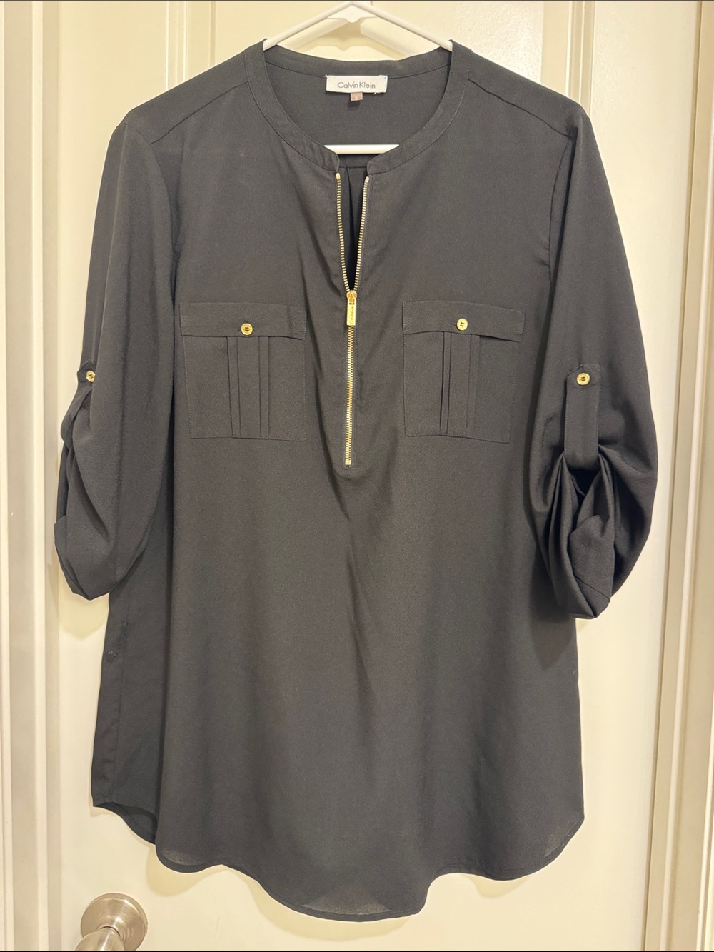 Calvin Klein Black Roll-Tab Zip Front Tunic Top